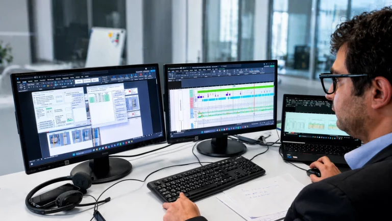 Ingénieur analysant les données d'auscultation des infrastructures routières sur plusieurs écrans.